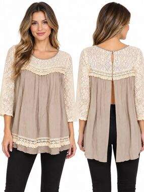 Umgee USA Beige & Cream Lace Boho 3/4 Sleeve Tunic Top – Size S